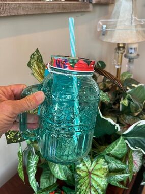 Pioneer Woman Aquamarine Tinted Mason Jar Drinking Glass w/Handle Colorful Lid